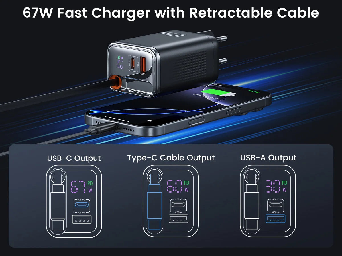 PD67W digital display comes with wired European standard black gallium nitride GaN mobile phone laptop charger fast charging
