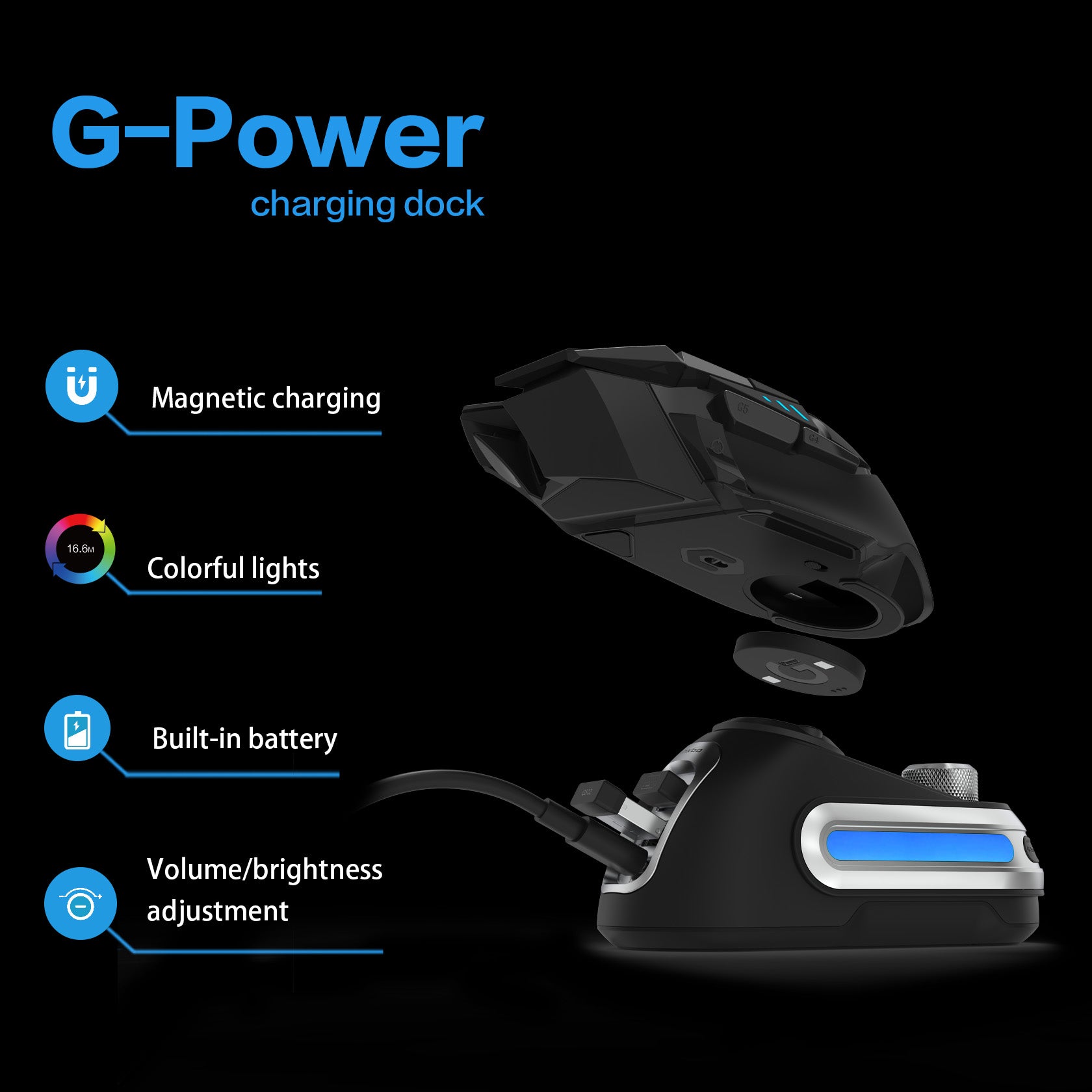 Fanxoo G-Power Laadstation voor Logitech G502 G502X Plus GPW G903 G703 draadloze muis met RGB-licht en computervolumeregeling (zonder muis) (zwart Fanxoo G-Power Laadstation voor Logitech G502 G502X Plus GPW G903 G703 draadloze muis met RGB-licht en computervolumeregeling (zonder muis) (zwart