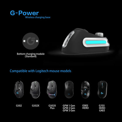 Fanxoo G-power Mouse wireless charging base for Logitech G502 G502X Plus GPW G903 with RGB light computer volume control knob