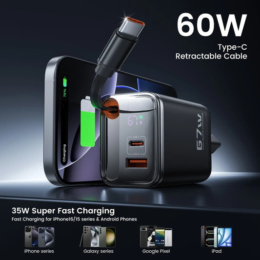 PD67W digital display comes with wired European standard black gallium nitride GaN mobile phone laptop charger fast charging