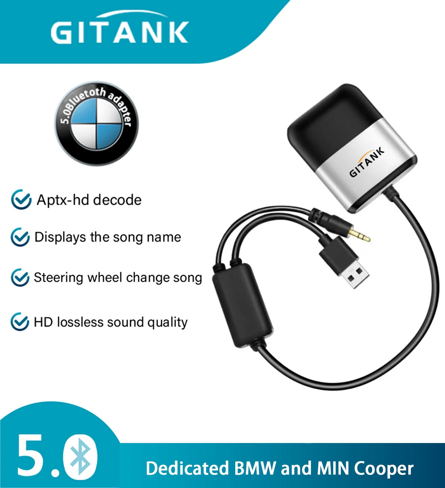 GITANK Bluetooth 5.0 aptX-HD Adapter with Y Cable for BMW and Mini Cooper USB+AUX iPod iPhone Music Interface (300B)