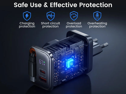 PD67W digital display comes with wired European standard black gallium nitride GaN mobile phone laptop charger fast charging