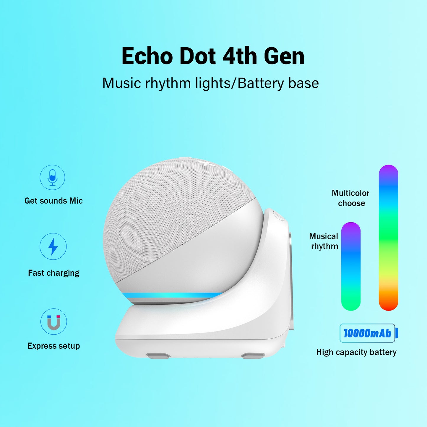 Fanxoo ED4 Music rhythm lights Battery Base for Echo Dot 4th Gen, Portable Charging Power for Echo Dot 4th, Alexa Speaker Auxiliary Power Accessories (Not Include Echo Dot 4th speaker and Charging cable)