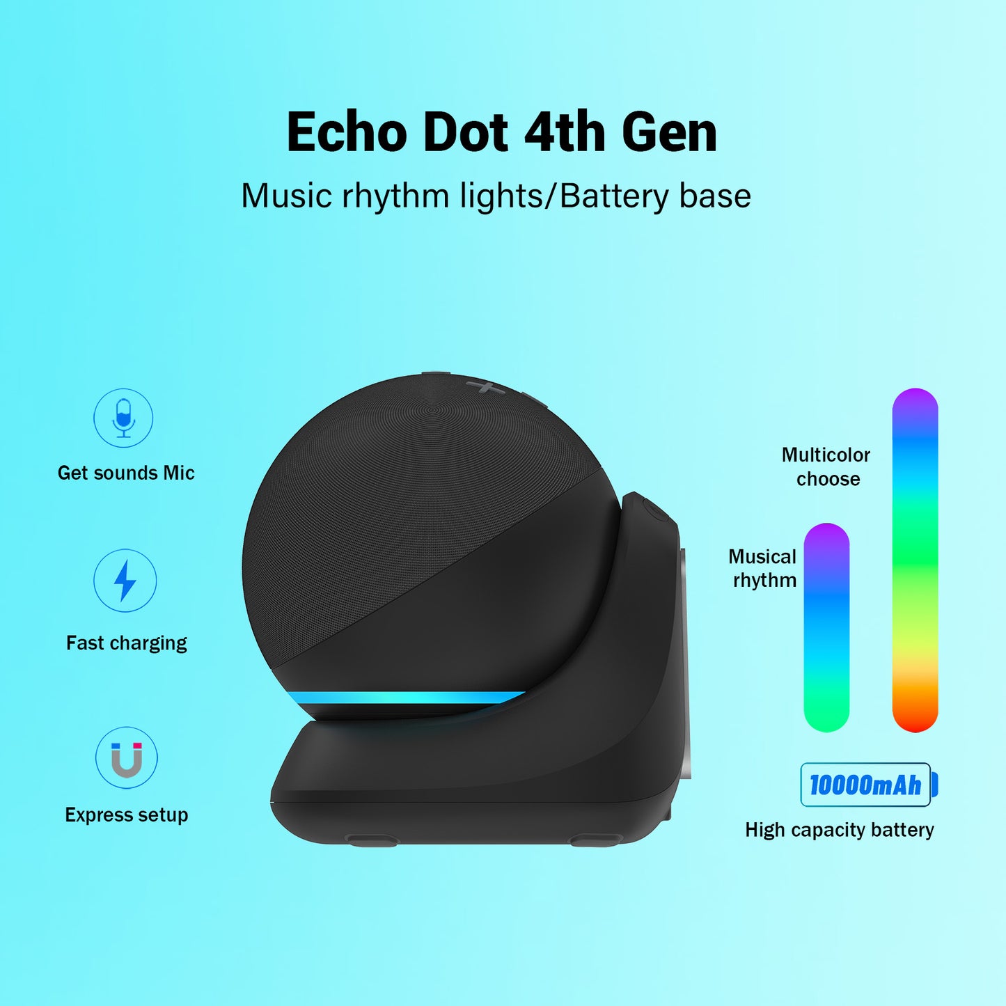 Fanxoo ED4 Music rhythm lights Battery Base for Echo Dot 4th Gen, Portable Charging Power for Echo Dot 4th, Alexa Speaker Auxiliary Power Accessories (Not Include Echo Dot 4th speaker and Charging cable)