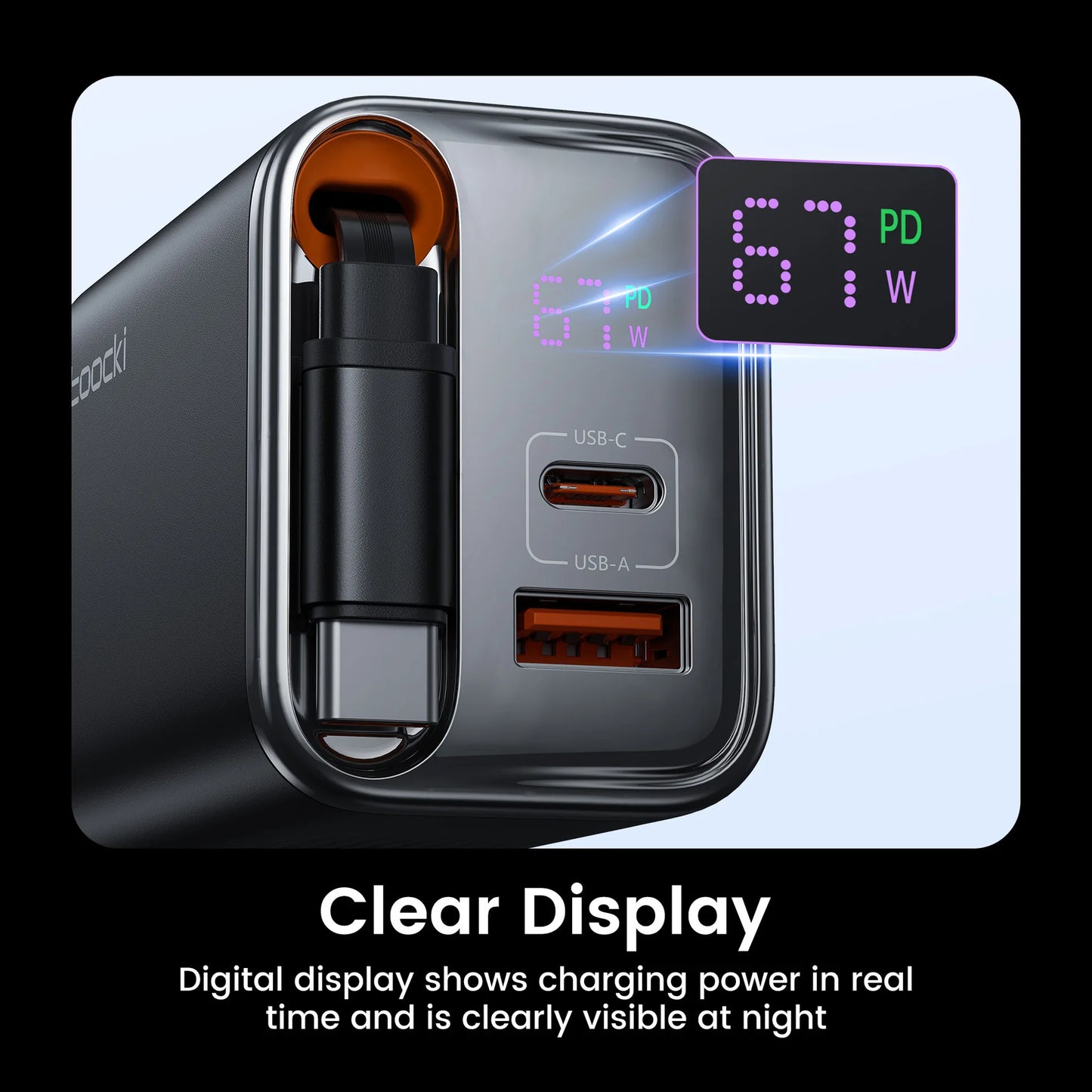 PD67W digital display comes with wired European standard black gallium nitride GaN mobile phone laptop charger fast charging